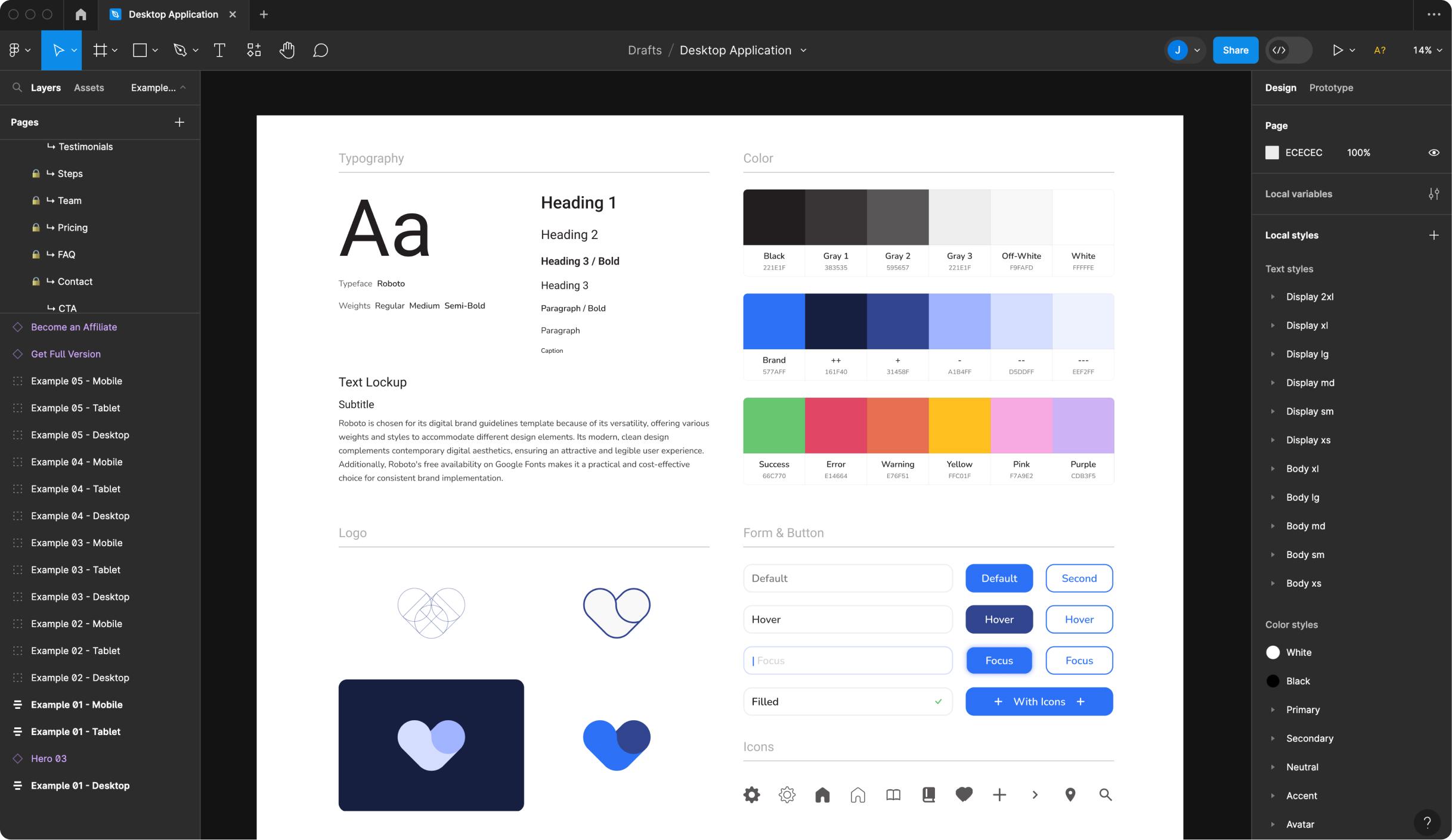 A web clients brand guidelines detailing their websites branding shown on Figma