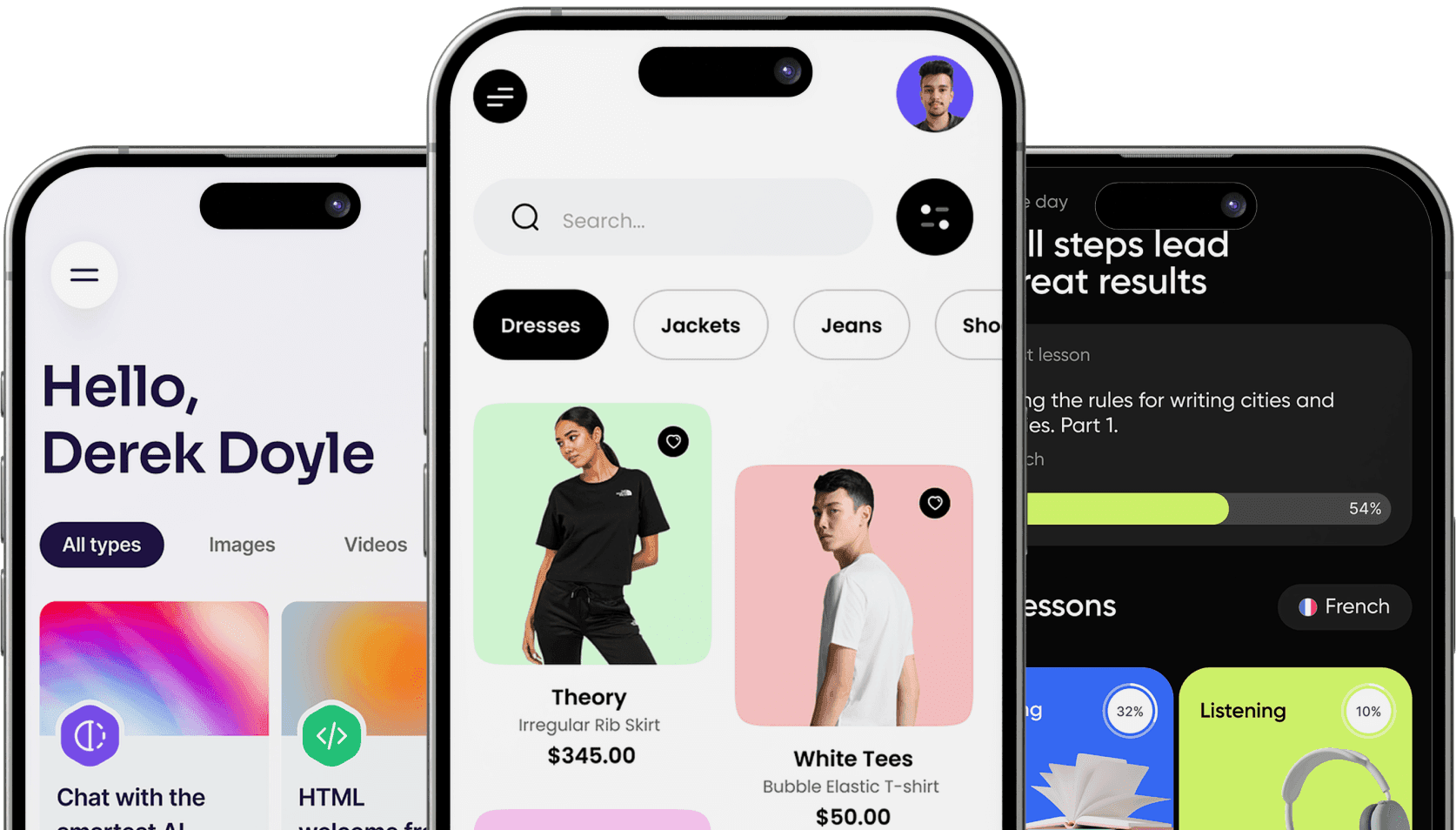 Mobile application UI designs for three different businesses (A Ecommerce clothing website, a digital creatives website, and a health & fitness tracker website)