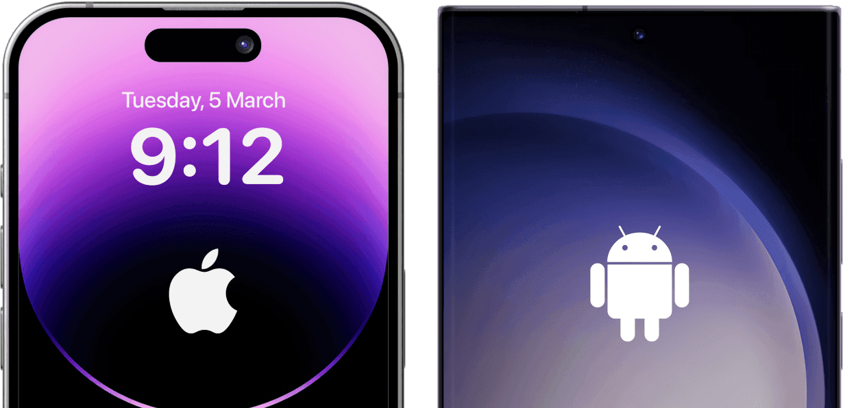 An Android and Apple mobile phone with their logos on screen