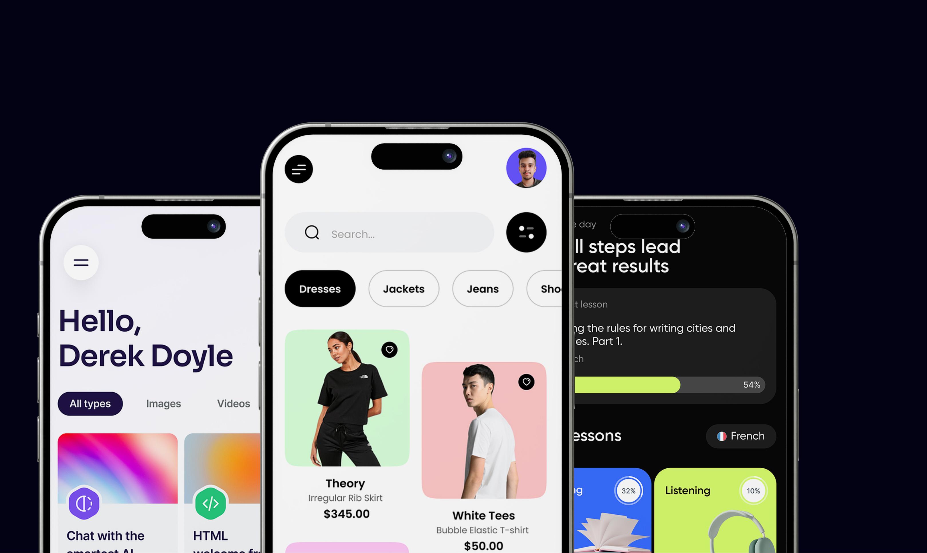 Mobile application UI designs for three different businesses (A Ecommerce clothing website, a digital creatives website, and a health & fitness tracker website)