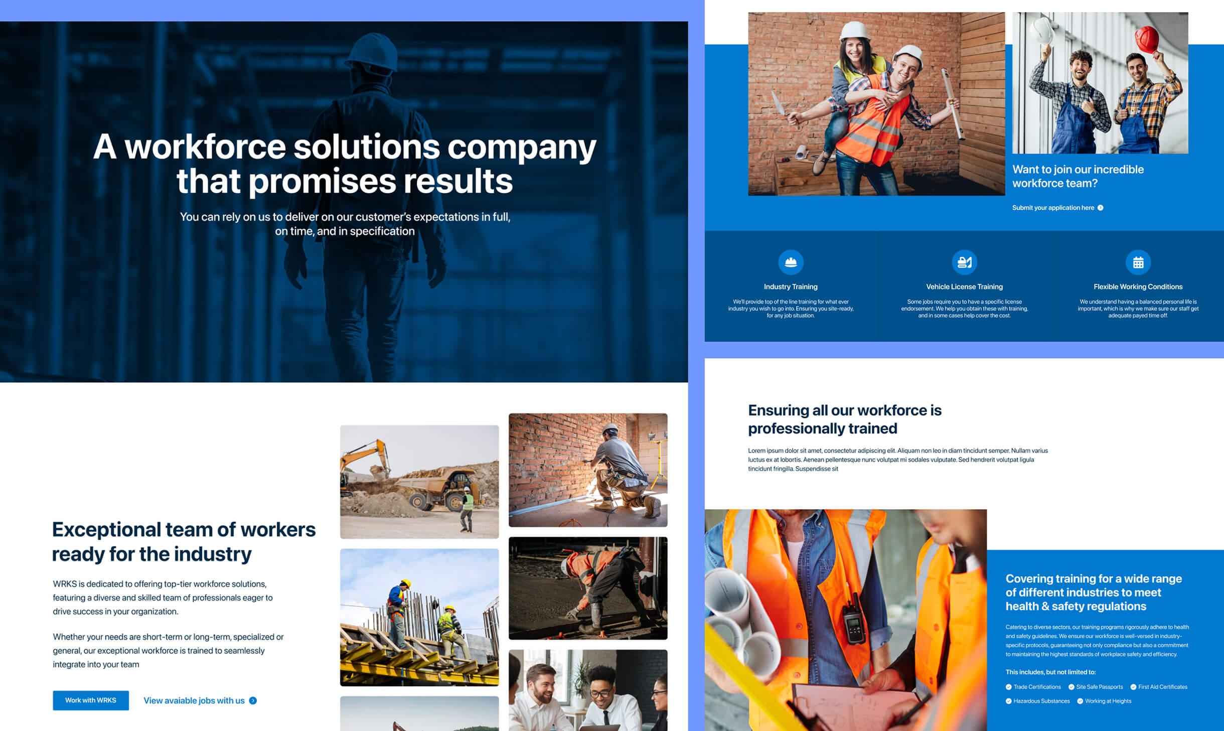 Four different desktop layout views of the WRKS recruitment website who hire for the trades industry in New Zealand