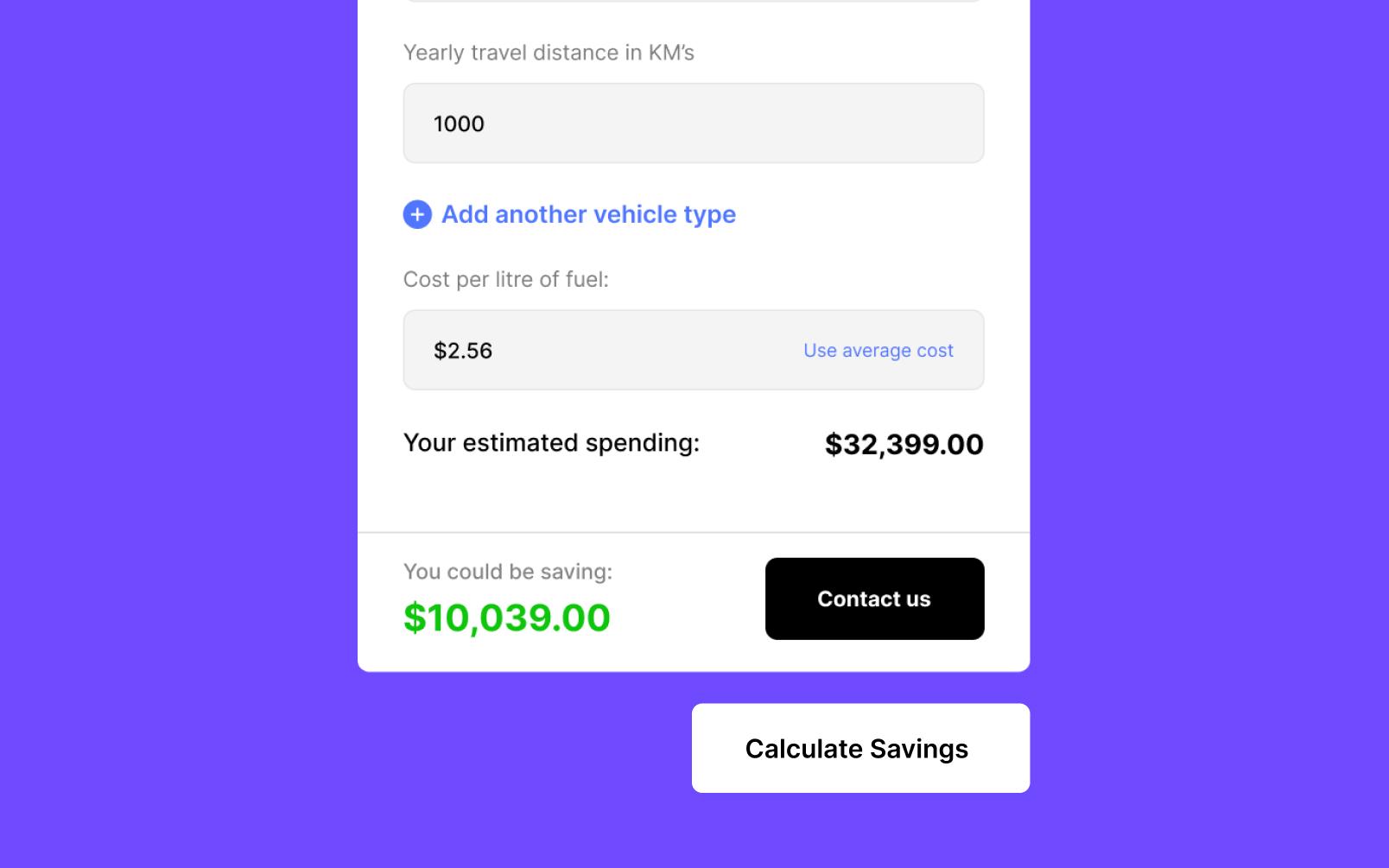 Accounting calculator UI for carbon savings feature on a website