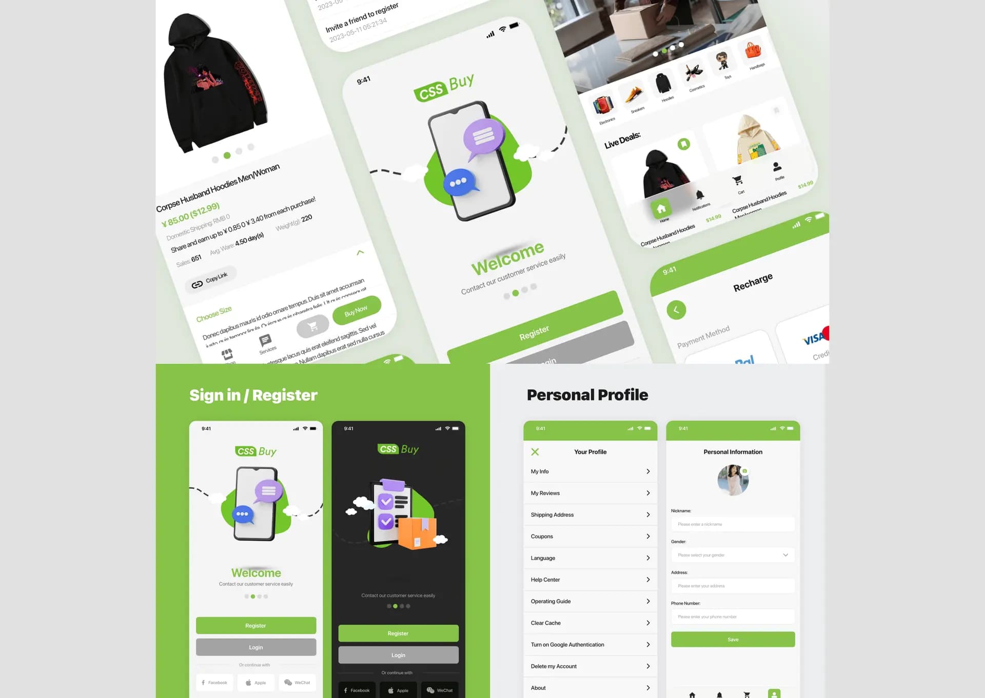 Mobile Layout design screens showing CSSBuy, an online e-commerce website