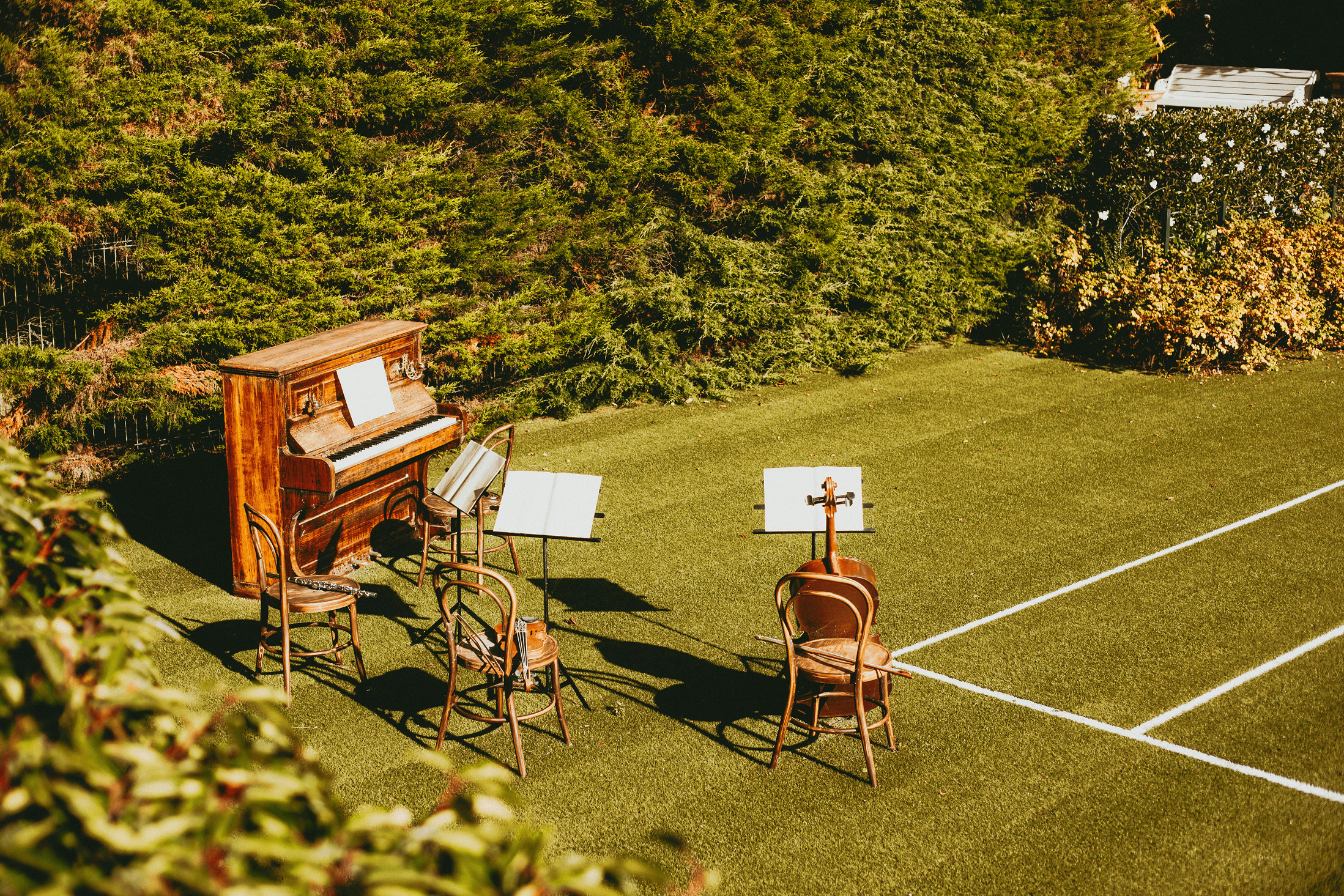 Art installation of a piano and musical instruments at the Hamilton Gardens