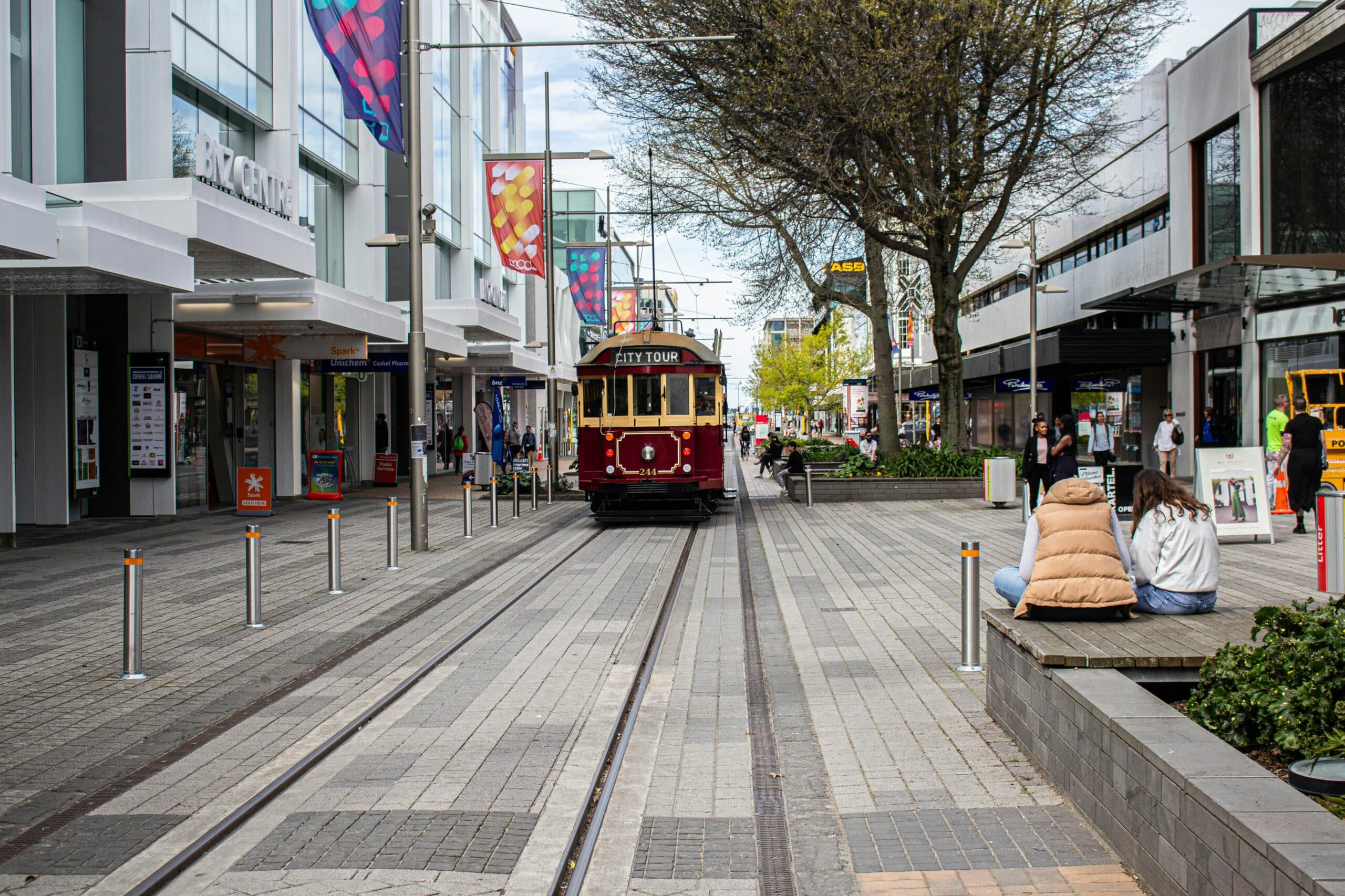 Tram going through the Christchurch city centre