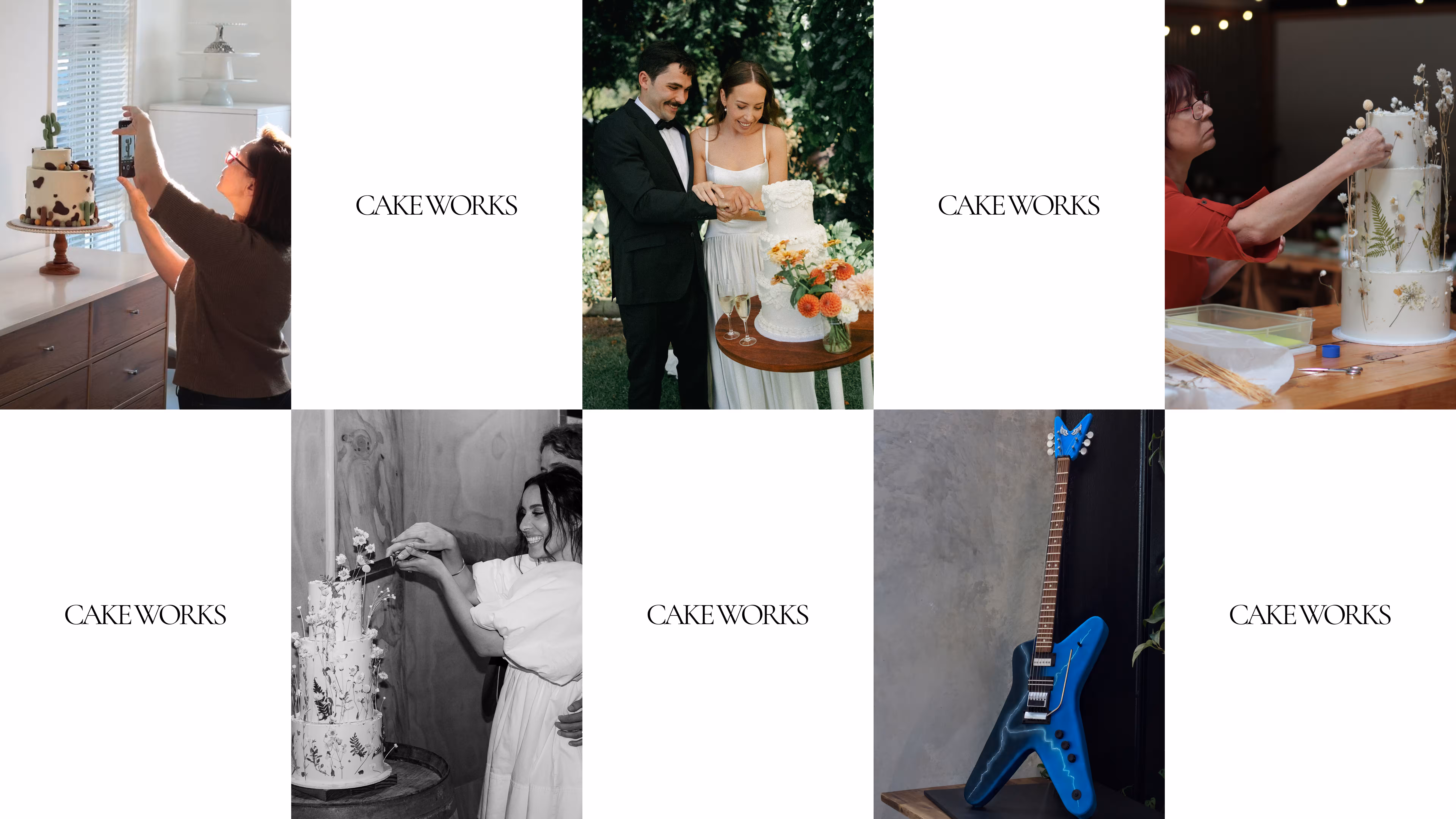 Cakeworks branding and images of couples cutting wedding cakes