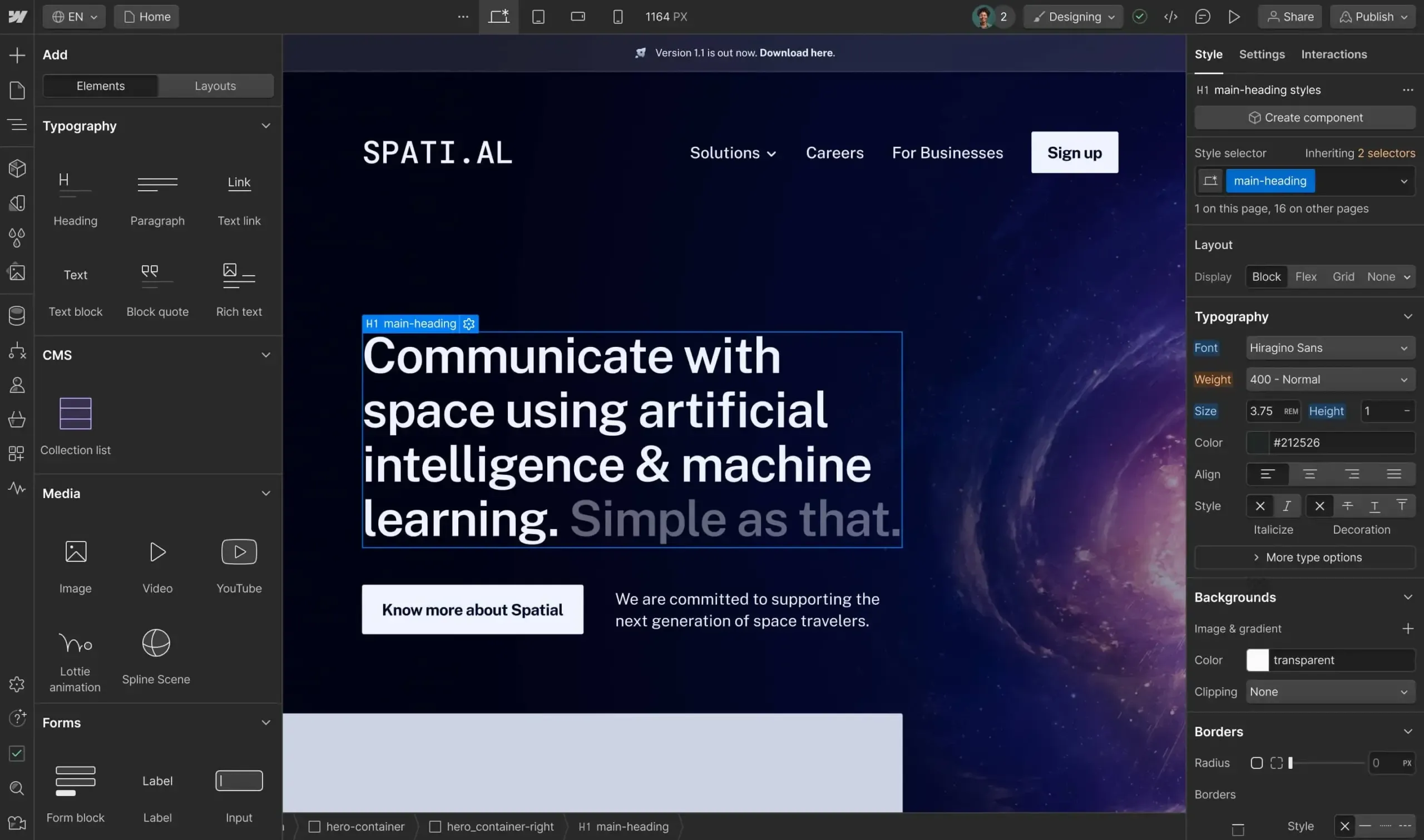 Webflow dashboard design screen