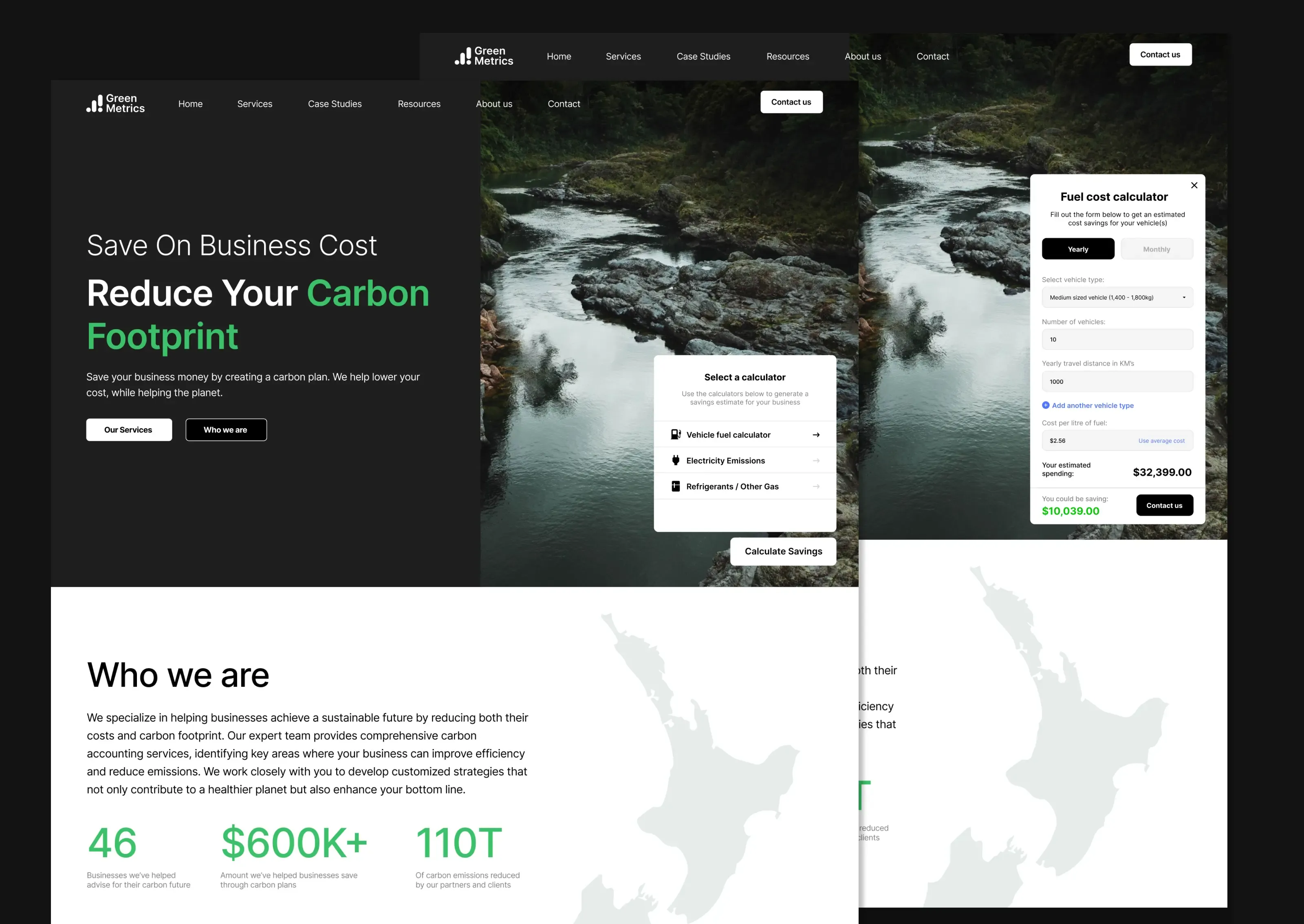GreenMetrics Website Homepage with emissions saving calculator