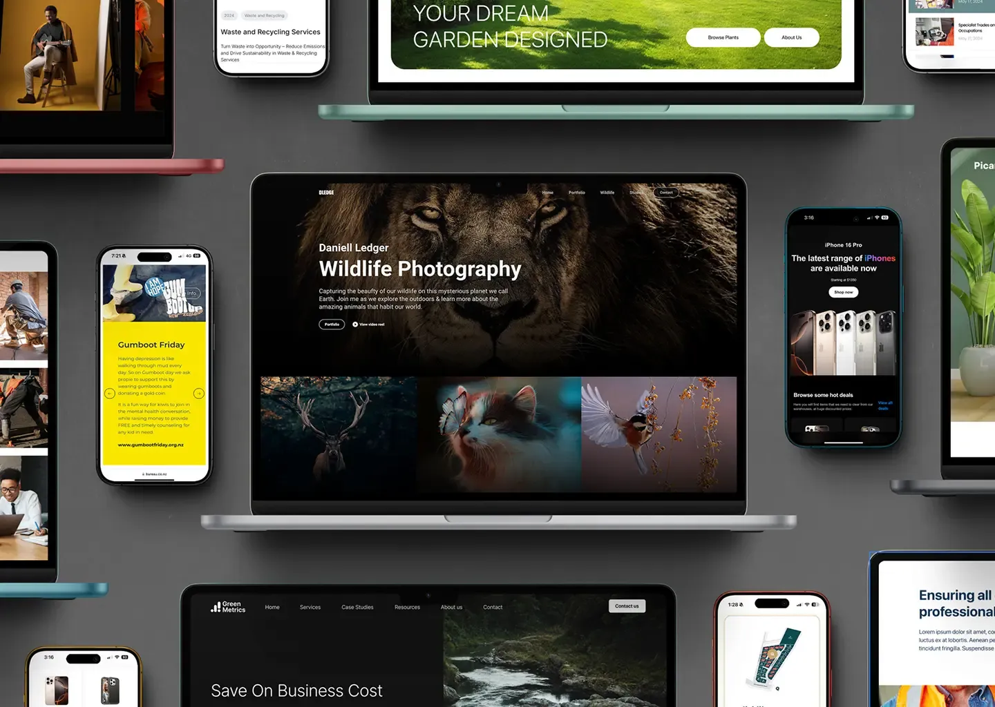 Collection of website designs on mobile and desktop devices