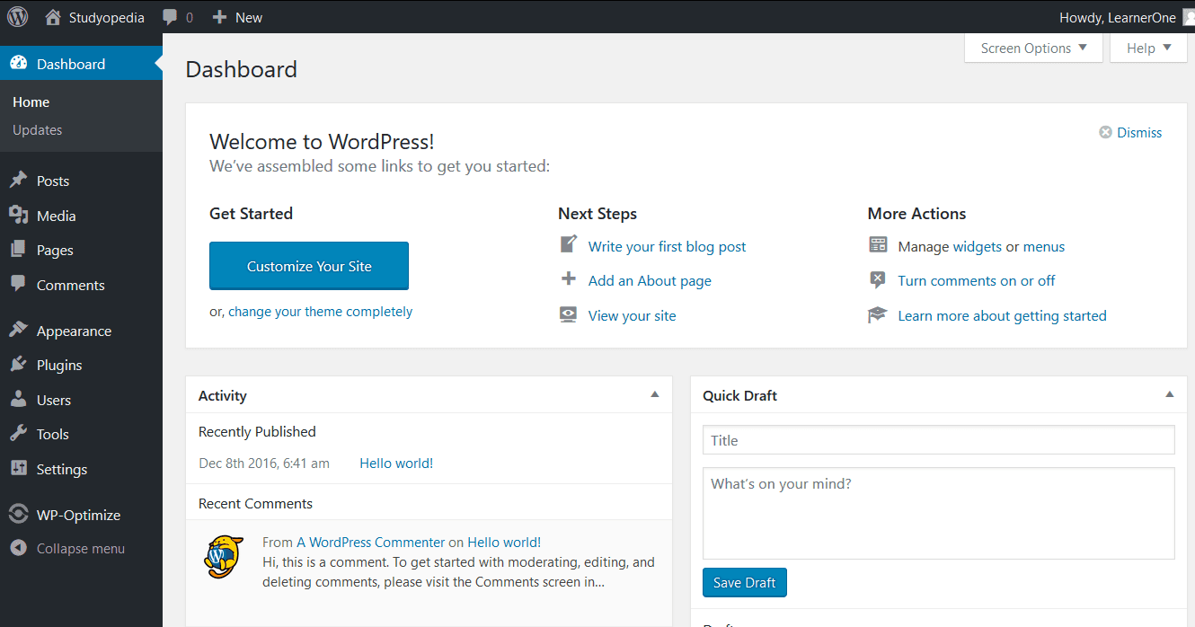WordPress CMS Dashboard interface