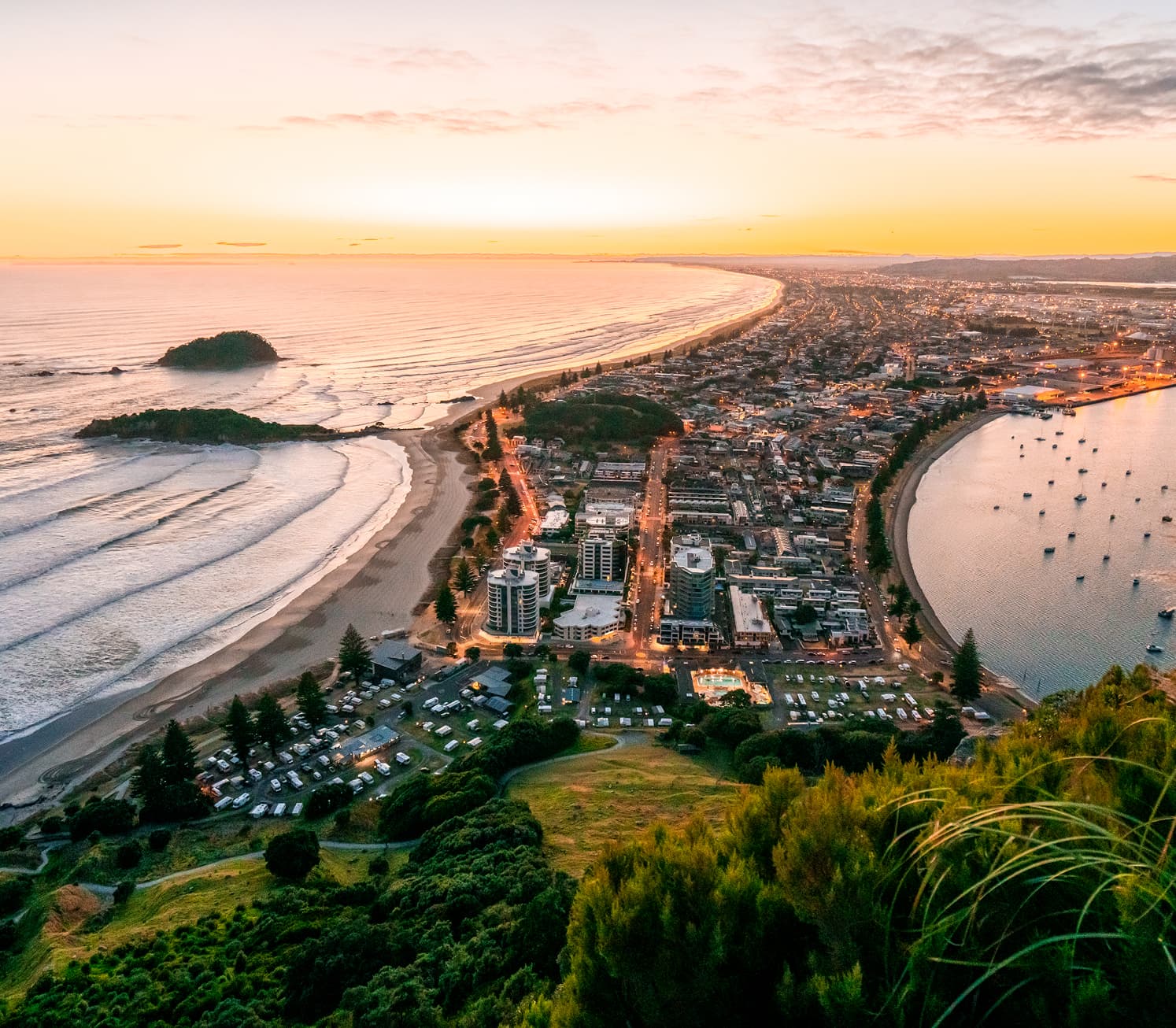 Mount Maunganui city and beach, photo taken from on top of mountain